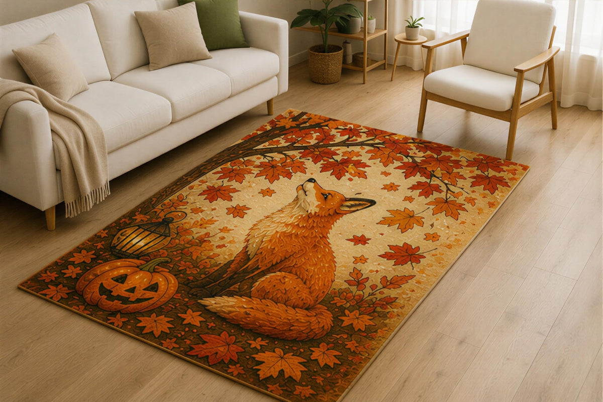 ICE ARMOR 5' x 7' Autumn Fox Maple Leaves Area Rug for Living Room, Soft Low Pile Indoor Rug with Non-Slip Silicone Backing, Woodland Fall Carpet for Bedroom, Office, Family Room, Orange Beige