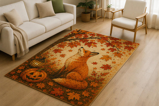 ICE ARMOR 5' x 7' Autumn Fox Maple Leaves Area Rug for Living Room, Soft Low Pile Indoor Rug with Non-Slip Silicone Backing, Woodland Fall Carpet for Bedroom, Office, Family Room, Orange Beige