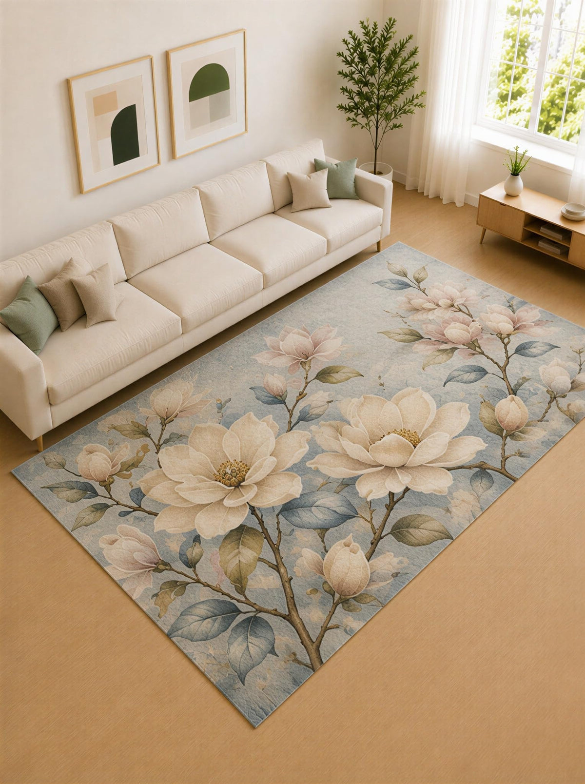 ICE ARMOR Large 6'7" x 9'10" Soft Blue and Ivory Magnolia Blossom Area Rug for Living Room, Soft Low Pile Carpet with Non-Slip Silicone Backing, Decor for Bedroom and Home Office