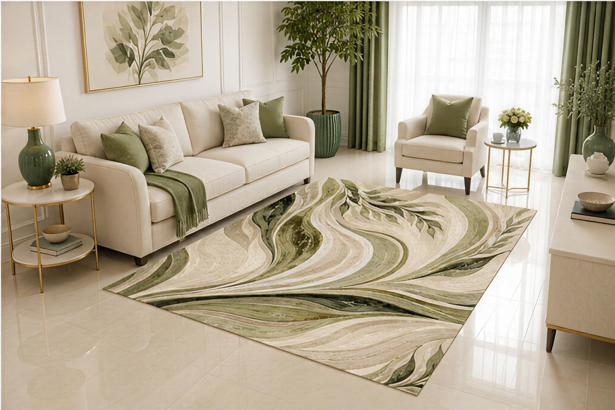 ICE ARMOR 5' x 7' Green Marble Area Rug, Sage Abstract Flow Stone Pattern for Living Room Bedroom Office, Non-Slip Silicone Backing, Low Pile Carpet