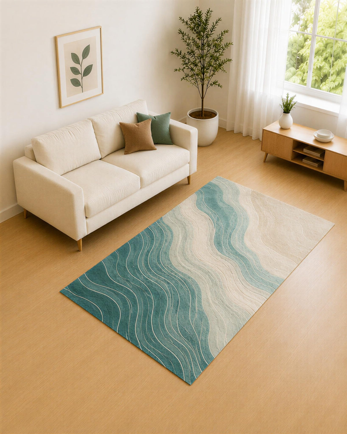 ICE ARMOR 5' x 7' Teal Blue and Ivory Contour Waves Area Rug for Living Room, Soft Low Pile Carpet with Non-Slip Silicone Backing, Decor for Bedroom and Home Office