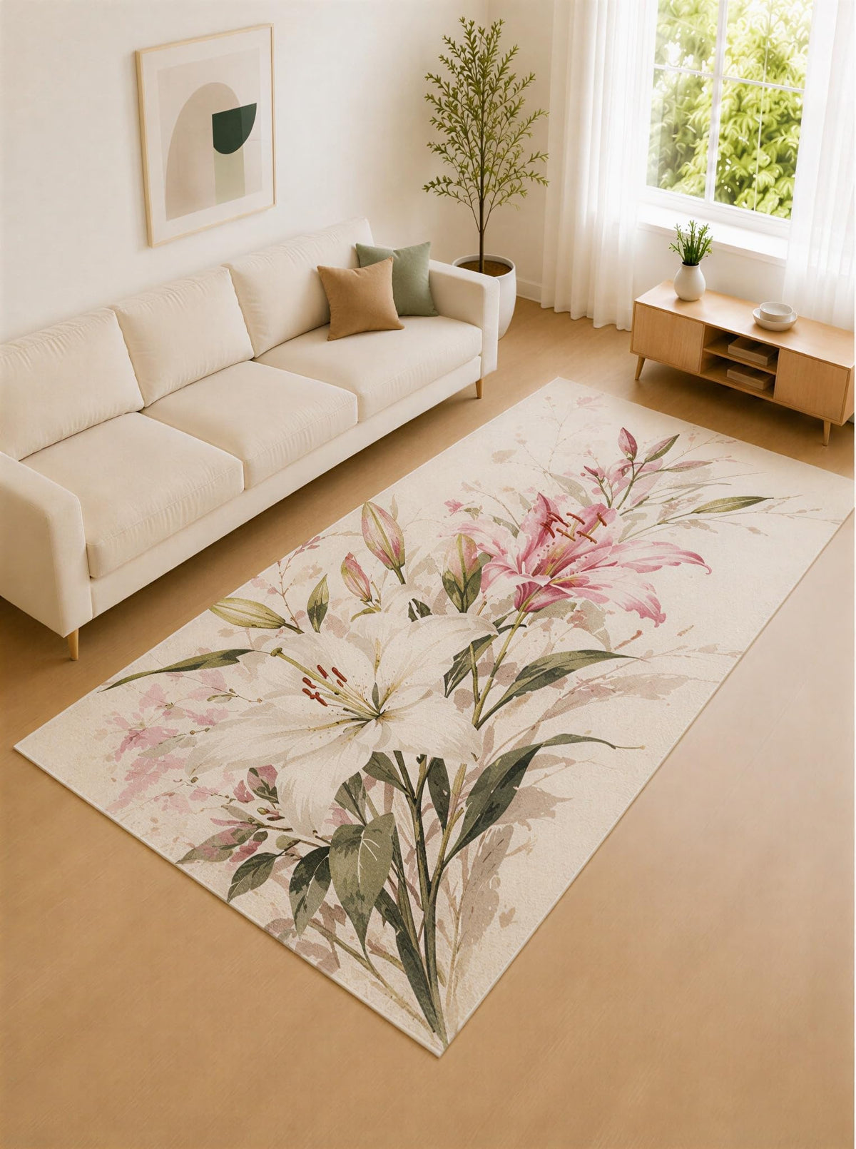 ICE ARMOR Large 6'7" x 9'10" Blush Pink and Cream Elegant Lily Area Rug for Living Room, Soft Low Pile Carpet with Non-Slip Silicone Backing, Decor for Bedroom and Home Office
