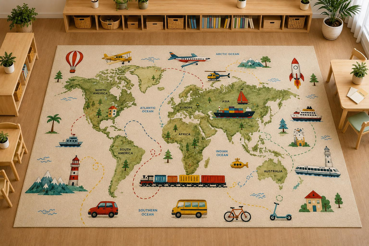 ICE ARMOR Large 6'7" x 9'10" World Map Travel Area Rug, Soft Low Pile Indoor Rug with Non-Slip Silicone Backing for Kids Room and Playroom, Beige