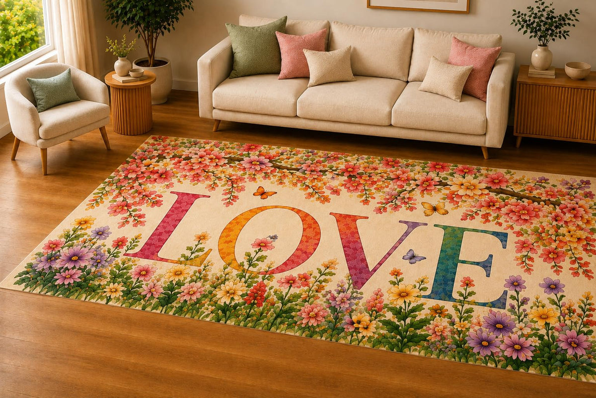 ICE ARMOR 5' x 7' Wildflower Love Typography Area Rug, Soft Low Pile Indoor Rug with Non-Slip Silicone Backing, Living Room, Bedroom, Family Room, Beige Pastel
