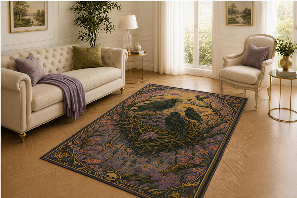 ICE ARMOR 5' x 7' Raven Nest Rug, Branch Circle and Purple Flower Motif, Smooth Printed Floor Cover for Study, Library, Foyer and Dark Woodland Home Decor