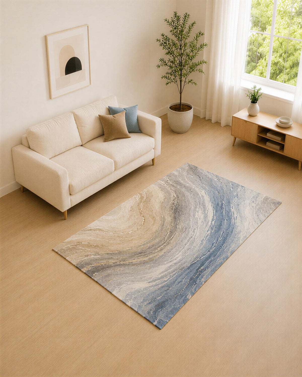 ICE ARMOR 5' x 7' Blue Gray and Beige Marble Swirl Area Rug for Living Room, Soft Low Pile Carpet with Non-Slip Silicone Backing, Decor for Bedroom and Home Office