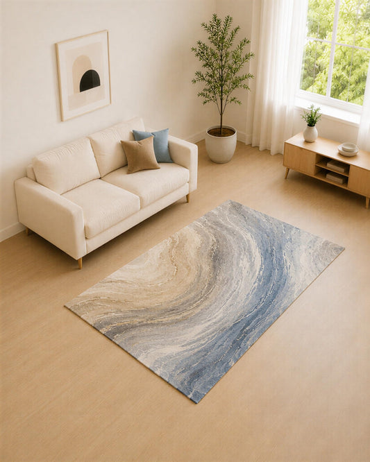 ICE ARMOR 5' x 7' Blue Gray and Beige Marble Swirl Area Rug for Living Room, Soft Low Pile Carpet with Non-Slip Silicone Backing, Decor for Bedroom and Home Office