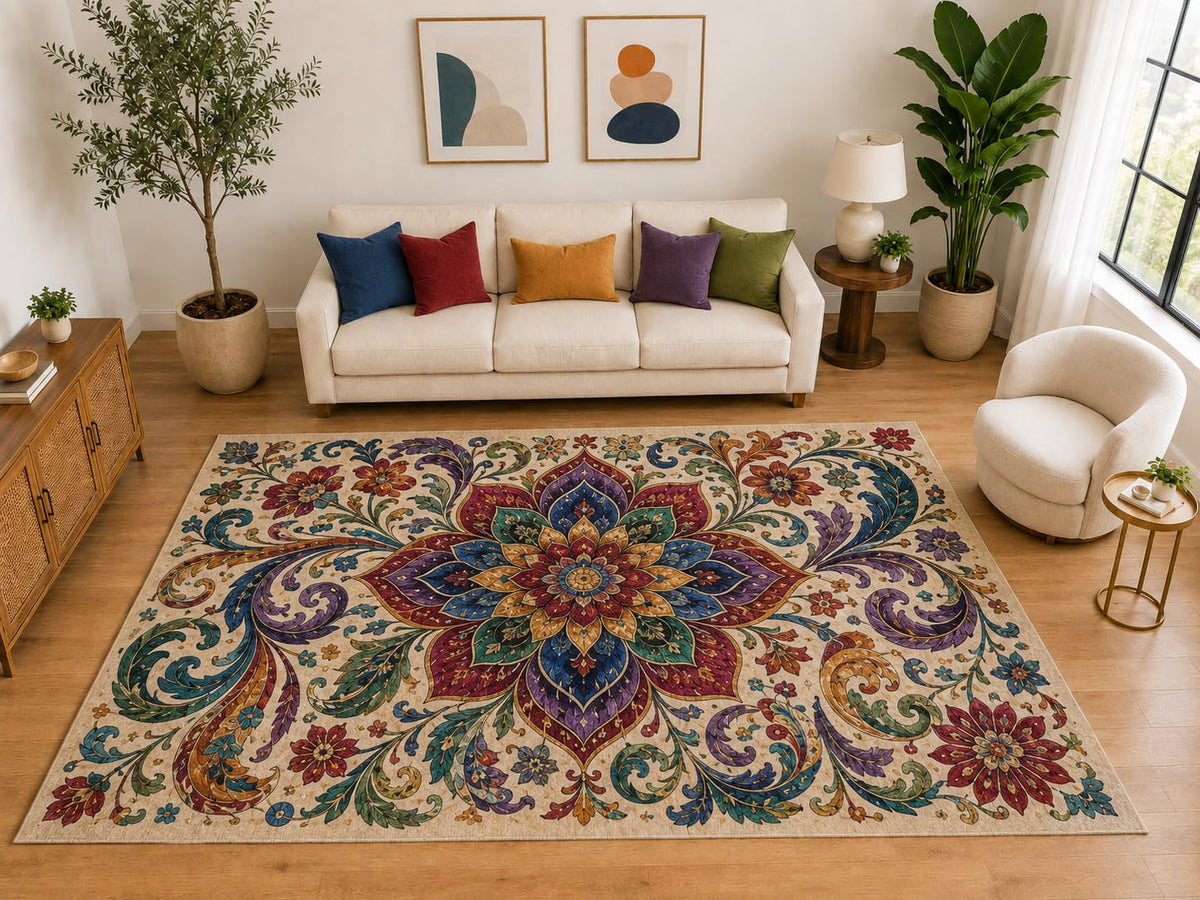 ICE ARMOR "Ultra Light Weight Large 6'7" x 9'10" Floral Mandala Rug, Soft Low Pile Indoor Rug, Non-Slip Silicone Backing for Living Room Beige