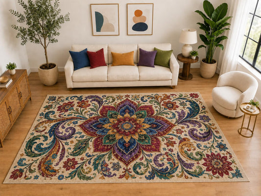 ICE ARMOR "Ultra Light Weight Large 6'7" x 9'10" Floral Mandala Rug, Soft Low Pile Indoor Rug, Non-Slip Silicone Backing for Living Room Beige