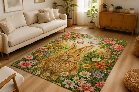 ICE Armor 5' x 7' Rabbit Flower Meadow Area Rug Soft Low Pile Indoor Rug with Non Slip Silicone Backing Woodland Animal Decor Carpet for Living Room Bedroom Nursery Kids Room Kids and Pets Multicolor