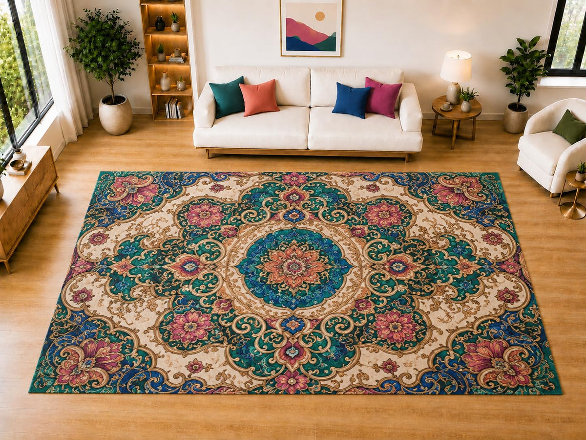 ICE ARMOR "Ultra Light Weight Large 6'7" x 9'10" Emerald Rococo Garden Area Rug for Living Room, Bedroom, Dining Room, Soft Low Pile Non-Slip Backing, Teal Ivory Pink Golden