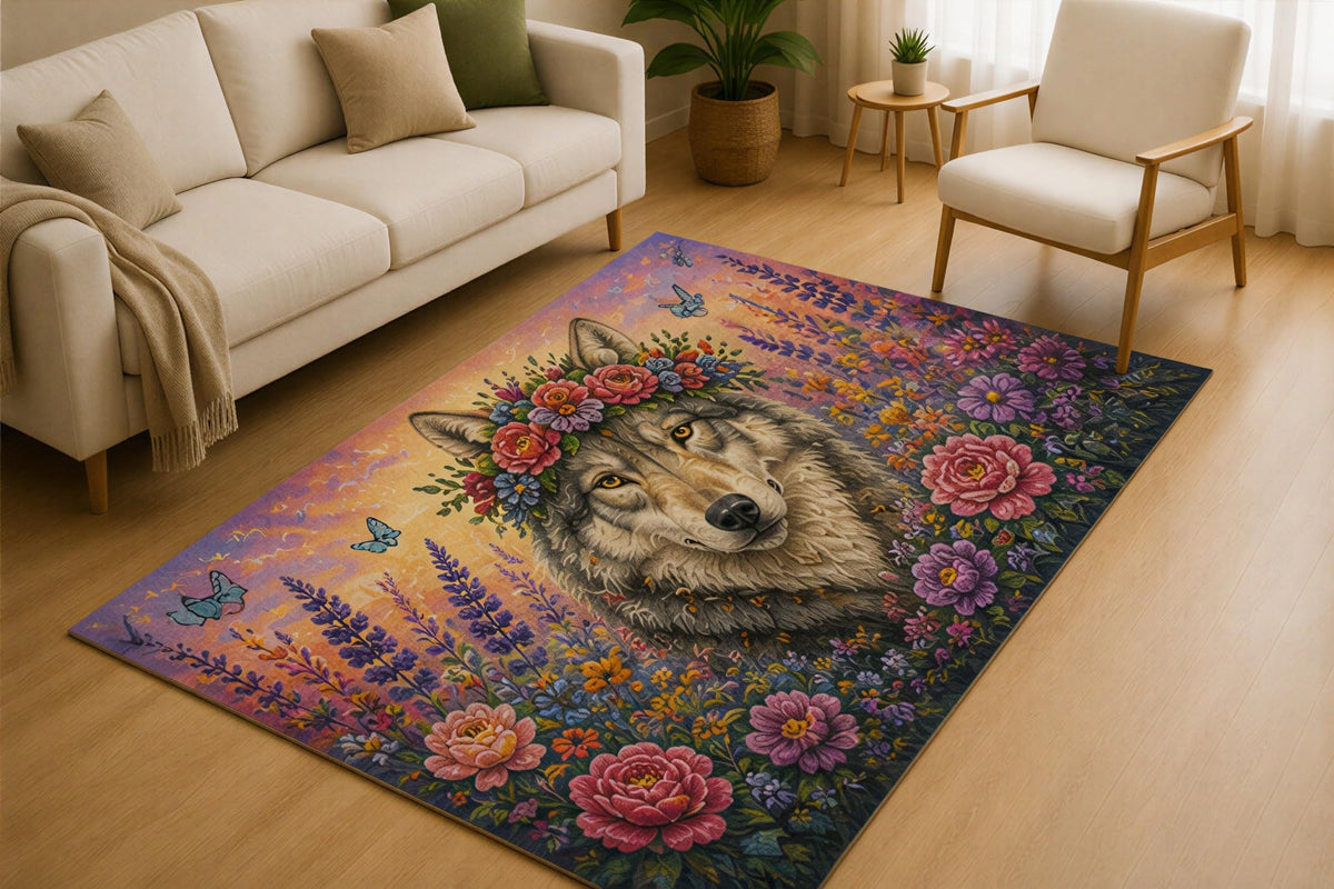 ICE ARMOR 5' x 7' Floral Wolf Area Rug for Living Room, Soft Low Pile Indoor Rug with Non-Slip Silicone Backing, Woodland Nature Carpet for Bedroom, Office, Family Room, Purple Gray