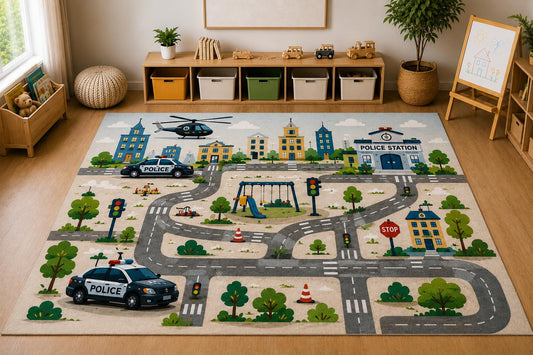 ICE ARMOR Large 6'7" x 9'10" Police Station Road Area Rug, Soft Low Pile Indoor Rug with Non-Slip Silicone Backing for Kids Room Playroom, Gray