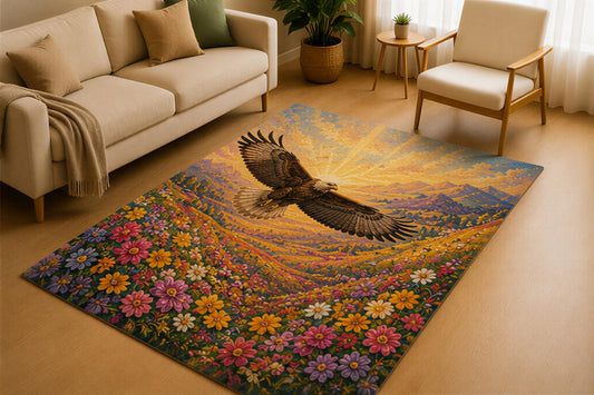 ICE ARMOR 5' x 7' Bald Eagle Wildflower Meadow Area Rug for Living Room, Soft Low Pile Indoor Rug with Non-Slip Silicone Backing, Nature Carpet for Bedroom, Office, Family Room, Brown Multicolor