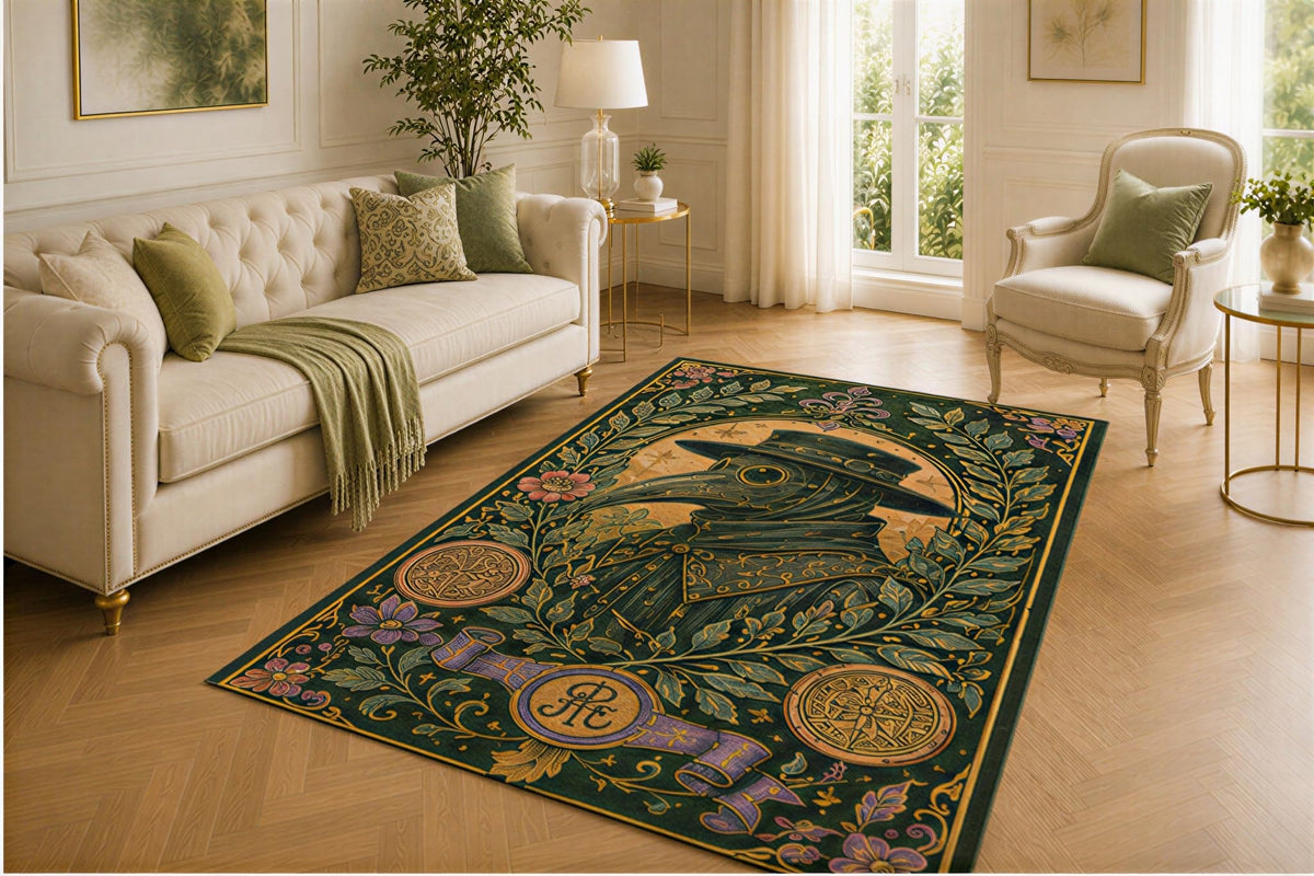 ICE ARMOR 5' x 7' Plague Mask Rug, Laurel Leaf and Alchemy Coin Design, Smooth Printed Floor Cover for Library, Study, Hallway and Gothic Interior Home Decor
