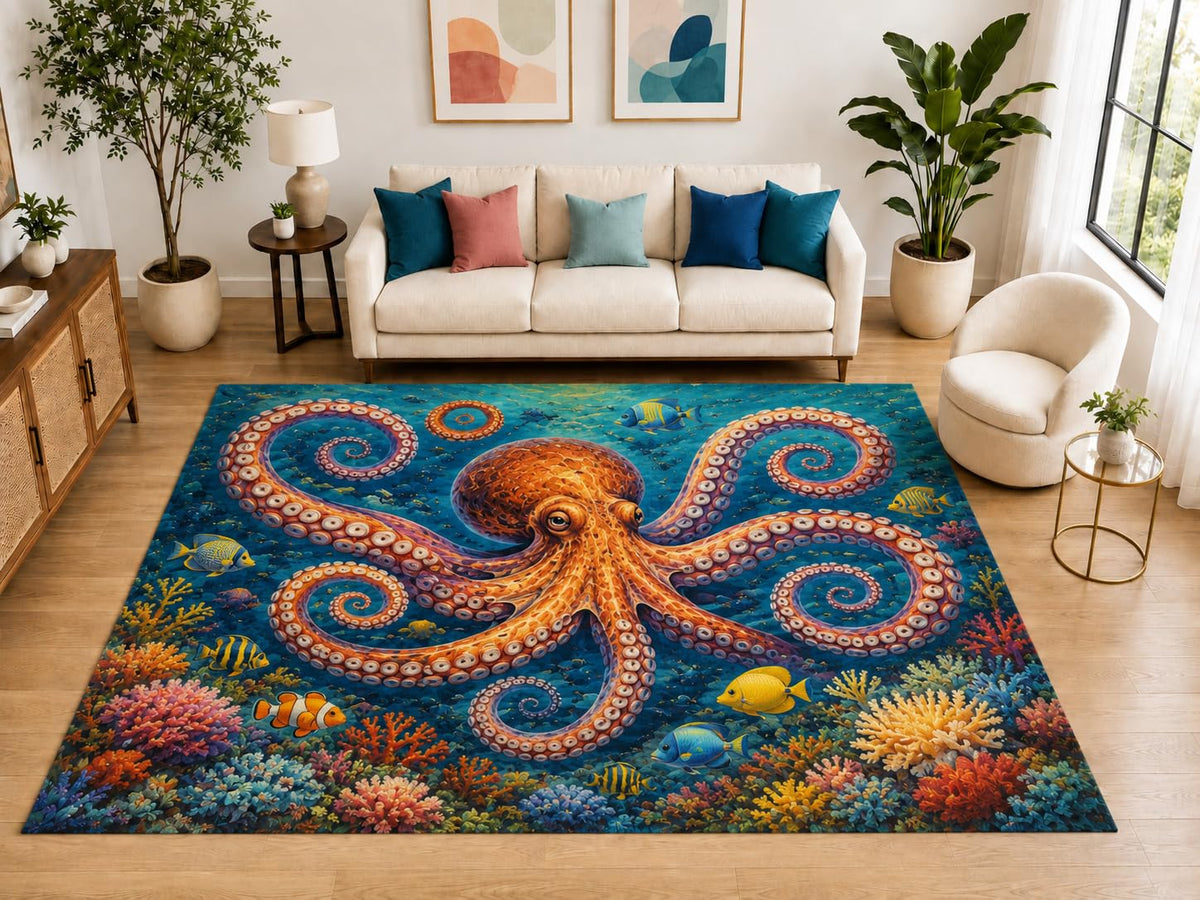 ICE ARMOR "Ultra Light Weight Large 6'7" x 9'10" Octopus Reef Rug for Living Room, Soft Low Pile Indoor Rug and Non-Slip Silicone Backing, Blue