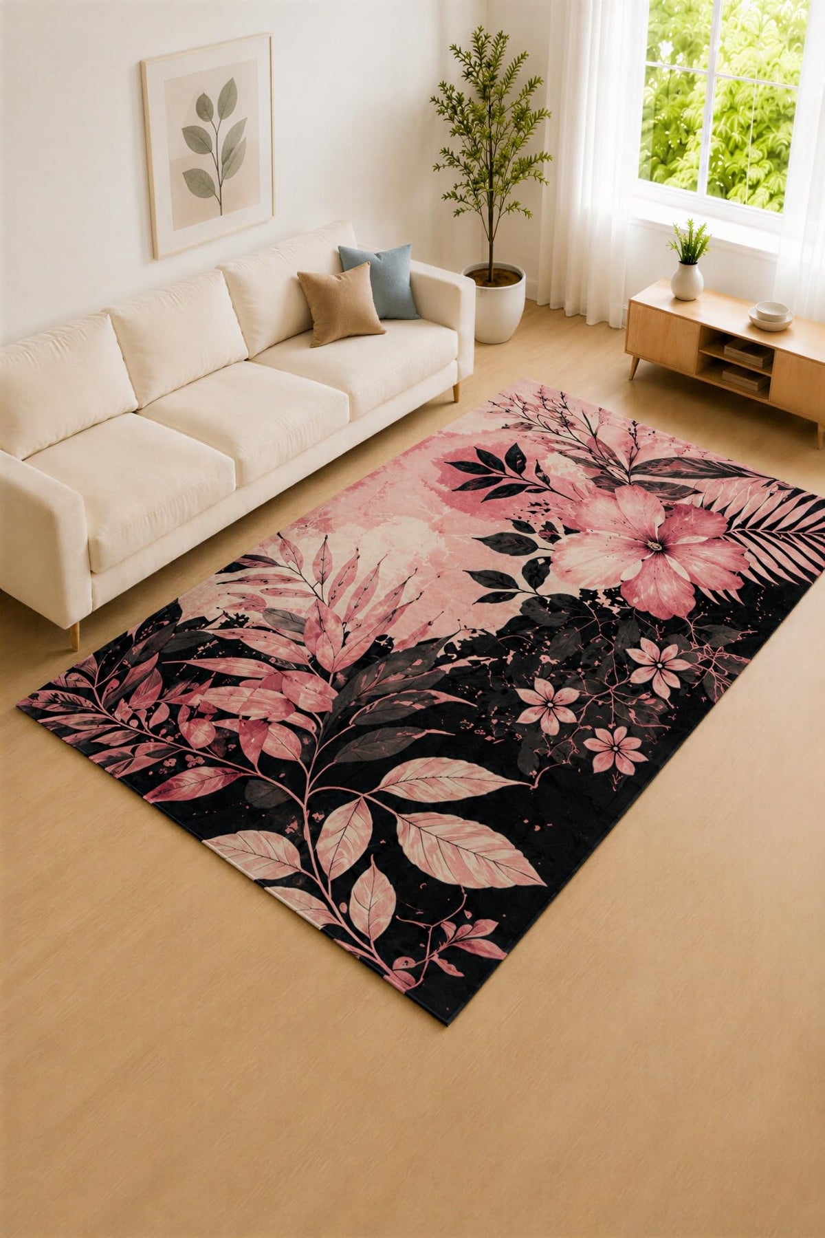 ICE ARMOR "Ultra Lightweight Large 6'7" x 9'10" Black and Dusty Pink Tropical Garden Area Rug for Living Room, Bedroom and Home Office, Soft Low Pile Carpet with Non-Slip Silicone Backing