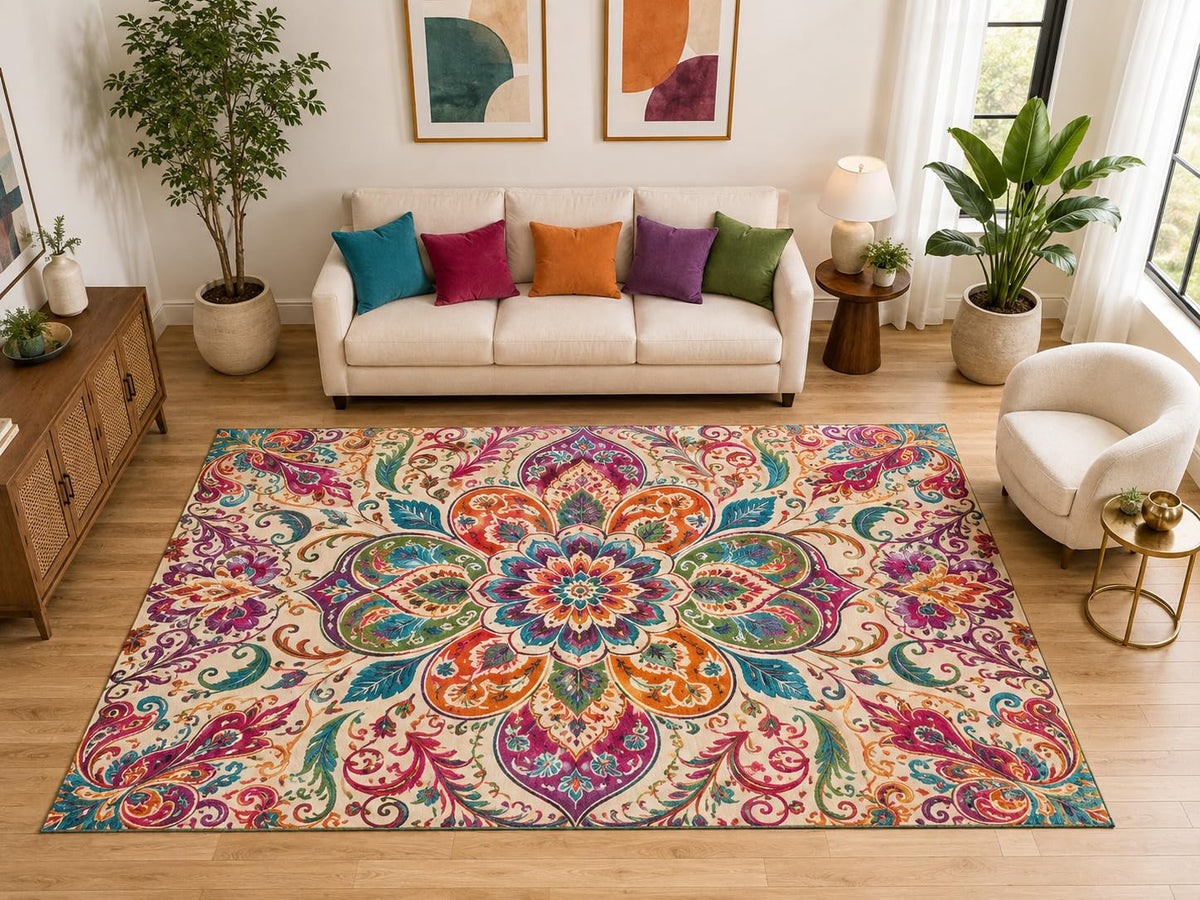 ICE ARMOR "Ultra Light Weight Large 6'7" x 9'10" Boho Floral Medallion Rug, Soft Low Pile Indoor Rug, Non-Slip Silicone Backing for Living Room Beige