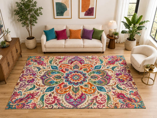 ICE ARMOR "Ultra Light Weight Large 6'7" x 9'10" Boho Floral Medallion Rug, Soft Low Pile Indoor Rug, Non-Slip Silicone Backing for Living Room Beige