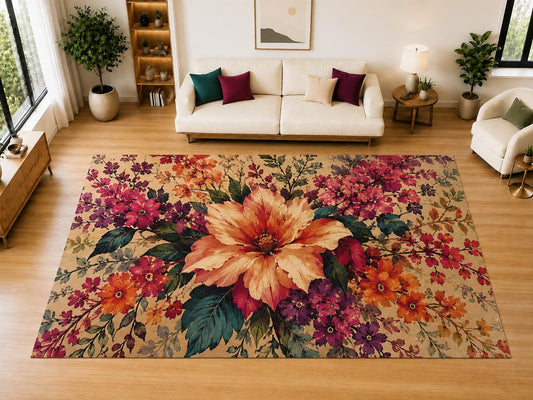 ICE ARMOR "Ultra Light Weight Large 6'7" x 9'10" Garden Bouquet Area Rug for Living Room Bedroom Dining Room, Soft Low Pile Non-Slip Backing, Coral Orange Purple Burgundy Teal Floral Decor