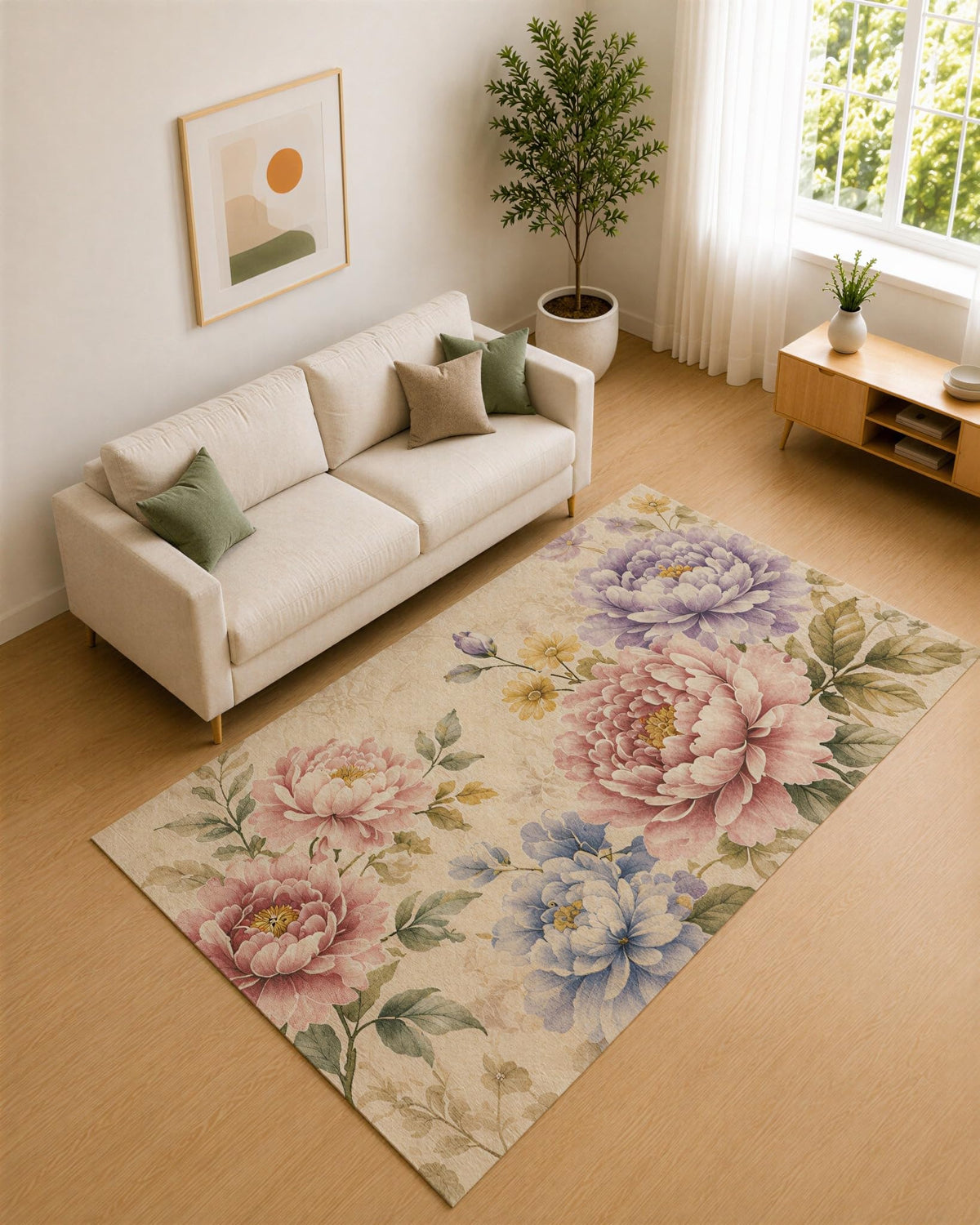 ICE ARMOR 5' x 7' Blush Pink and Beige Peony Garden Area Rug for Living Room, Soft Low Pile Carpet with Non-Slip Silicone Backing, Decor for Bedroom and Home Office
