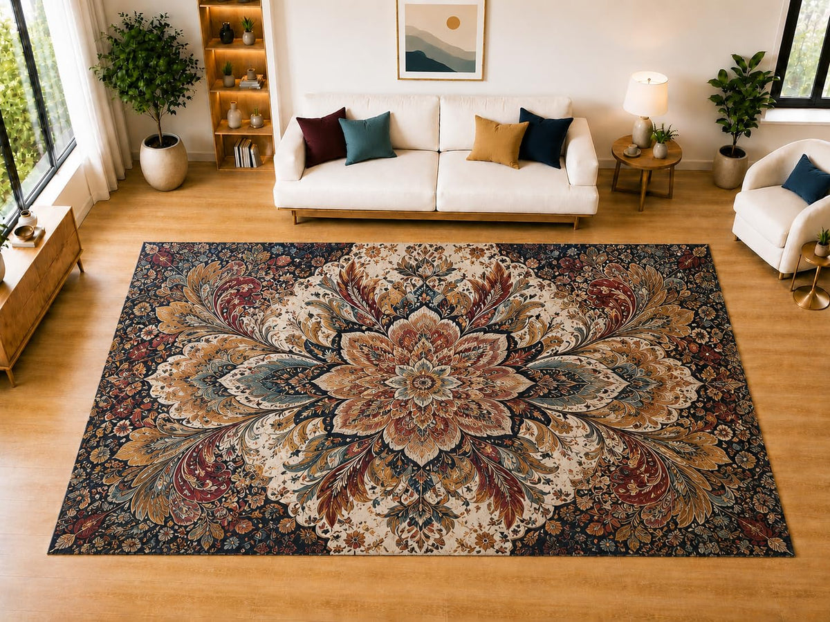 ICE ARMOR "Ultra Light Weight Large 6'7" x 9'10" Autumn Baroque Bloom Area Rug for Living Room, Bedroom, Dining Room, Soft Low Pile Non-Slip Backing, Black Ivory Rust Golden