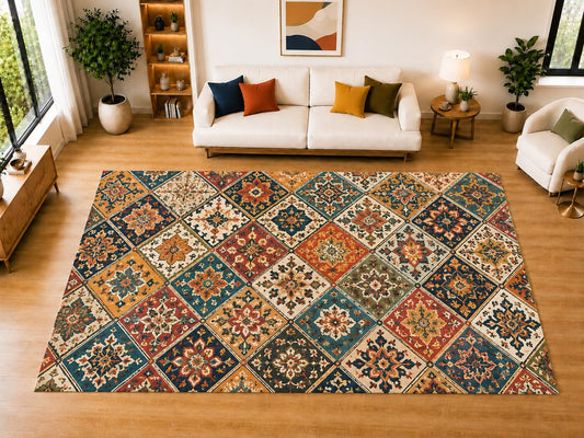ICE ARMOR "Ultra Light Weight Large 6'7" x 9'10" Diamond Patchwork Area Rug for Living Room Bedroom Dining Room, Soft Low Pile Non-Slip Backing, Teal Orange Navy Cream Vintage Decor