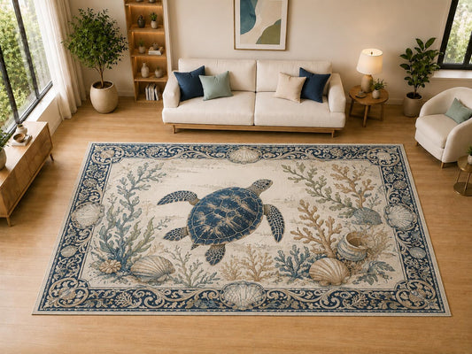 ICE ARMOR "Ultra Light Weight Large 6'7" x 9'10" Sea Turtle, Living Room, Bedroom, Dining Room, Office, Family Room, Soft Low Pile Indoor Rug, Non-Slip Silicone Backing, Blue