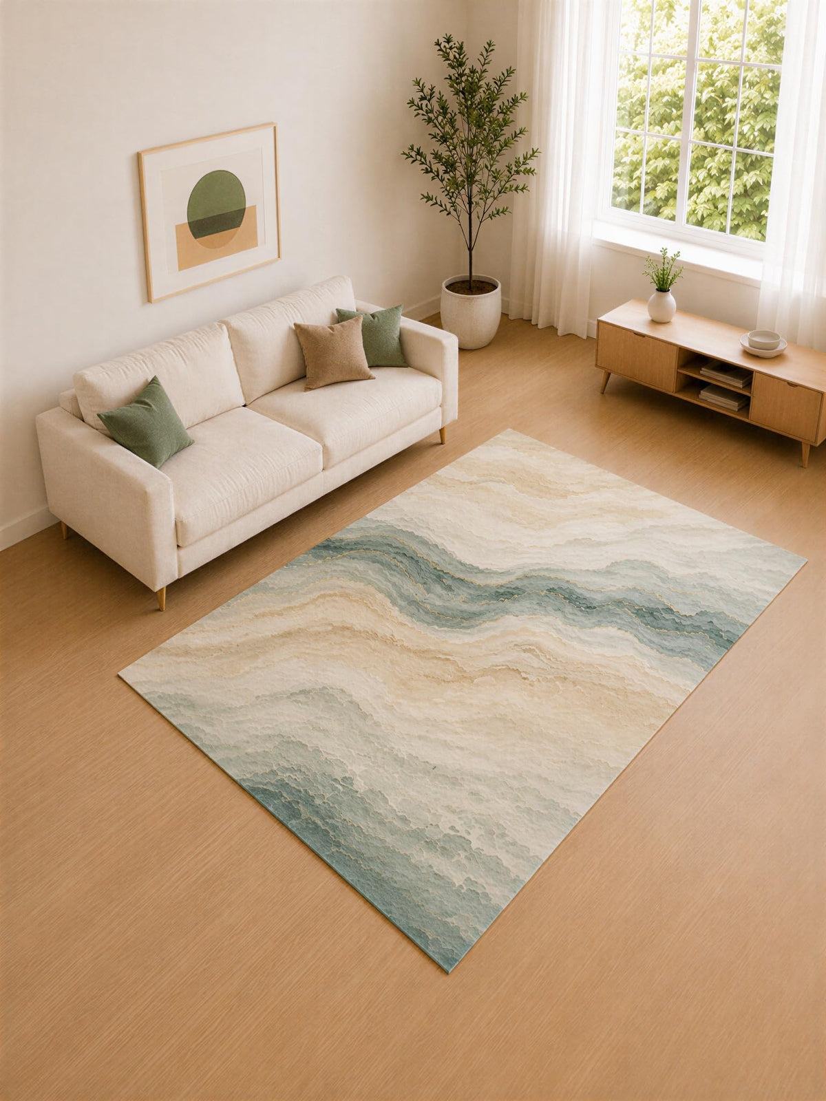 ICE ARMOR 5' x 7' Sage and Ivory Layered Waves Area Rug for Living Room, Soft Low Pile Carpet with Non-Slip Silicone Backing, Decor for Bedroom and Home Office