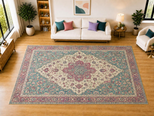ICE ARMOR "Ultra Light Weight Large 6'7 x 9'10 Vintage Floral Medallion Area Rug for Living Room, Dining Room, and Bedroom, Soft Low Pile Indoor Rug, Traditional Floor Decor