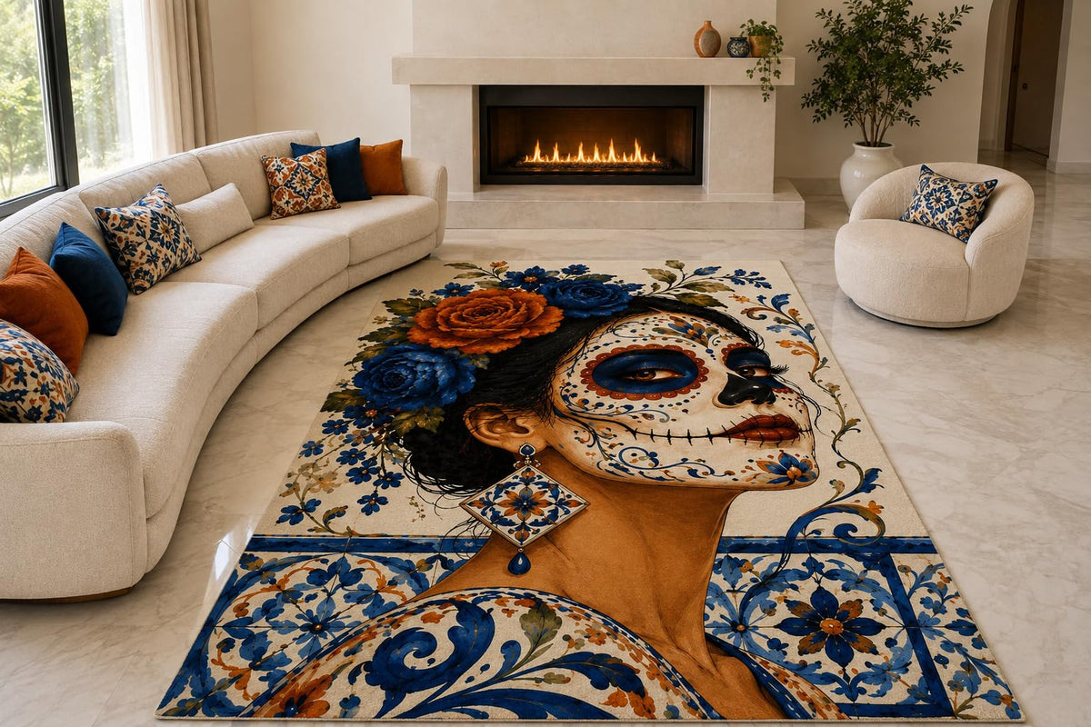 ICE ARMOR "Ultra Lightweight Large 6'7" x 9'10" Sugar Skull Woman Area Rug for Living Room, Bedroom and Home Office, Soft Low Pile Carpet with Non-Slip Silicone Backing, Blue and Orange