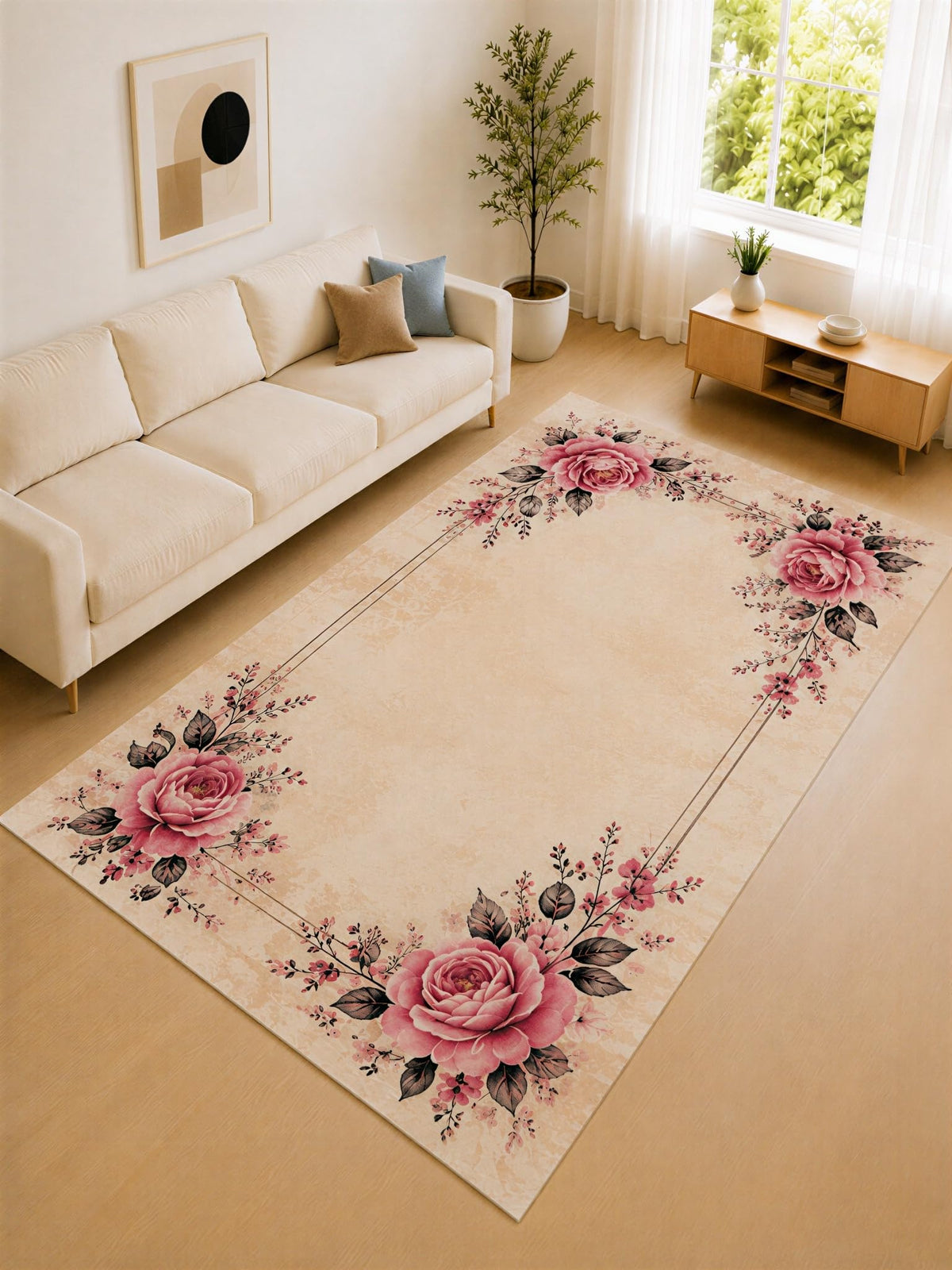 ICE ARMOR "Ultra Lightweight Large 6'7" x 9'10" Pink and Cream Rose Border Area Rug for Living Room, Bedroom and Home Office, Soft Low Pile Carpet with Non-Slip Silicone Backing