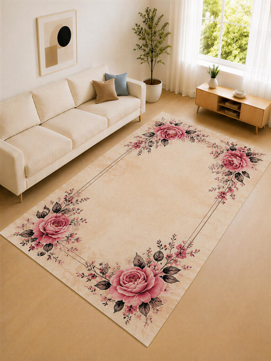 ICE ARMOR "Ultra Lightweight Large 6'7" x 9'10" Pink and Cream Rose Border Area Rug for Living Room, Bedroom and Home Office, Soft Low Pile Carpet with Non-Slip Silicone Backing