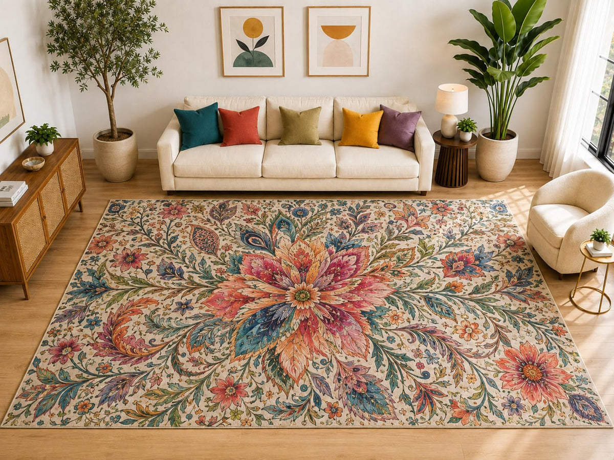ICE ARMOR "Ultra Light Weight Large 6'7" x 9'10" Boho Floral Medallion Rug, Soft Low Pile Indoor Rug, Non-Slip Silicone Backing for Living Room Beige
