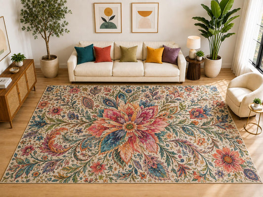 ICE ARMOR "Ultra Light Weight Large 6'7" x 9'10" Boho Floral Medallion Rug, Soft Low Pile Indoor Rug, Non-Slip Silicone Backing for Living Room Beige