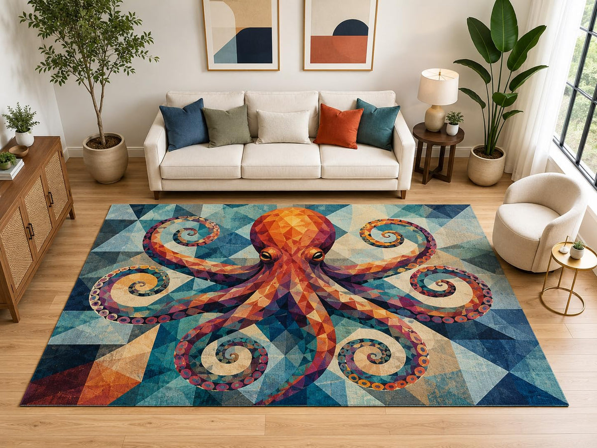 ICE ARMOR "Ultra Light Weight Large 6'7" x 9'10" Geometric Octopus Rug, Soft Low Pile Indoor Rug, Non-Slip Silicone Backing for Living Room Blue