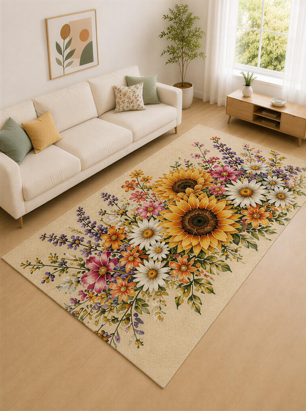 ICE ARMOR "Ultra Lightweight Large 6'7" x 9'10" Cream and Yellow Sunflower Wildflower Area Rug for Living Room, Bedroom and Home Office, Soft Low Pile Carpet with Non-Slip Silicone Backing