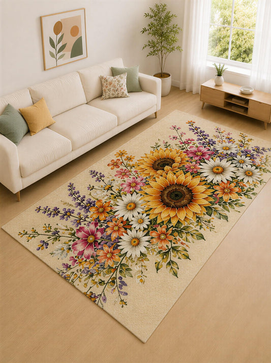 ICE ARMOR "Ultra Lightweight Large 6'7" x 9'10" Cream and Yellow Sunflower Wildflower Area Rug for Living Room, Bedroom and Home Office, Soft Low Pile Carpet with Non-Slip Silicone Backing