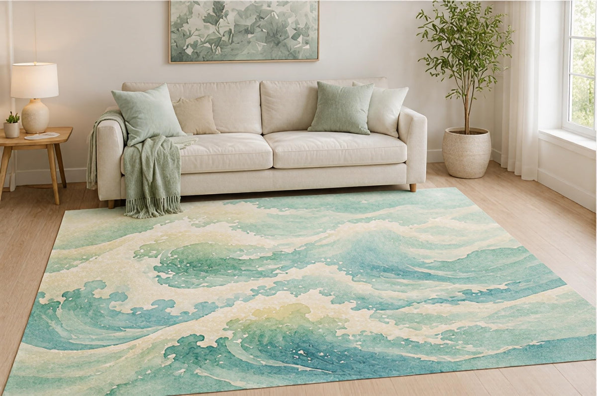 ICE ARMOR 5' x 7' Aqua Ocean Waves Area Rug, Coastal Watercolor Sea Abstract Design for Living Room Bedroom Office, Non-Slip Silicone Backing, Low Pile Carpet