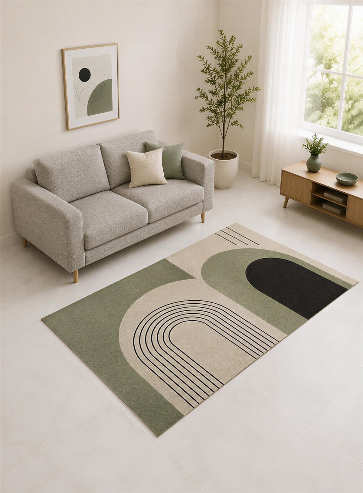 ICE ARMOR "Ultra Lightweight 5' x 7' Sage and Black Modern Arch Lines Area Rug for Living Room, Bedroom and Home Office, Soft Low Pile Carpet with Non-Slip Silicone Backing