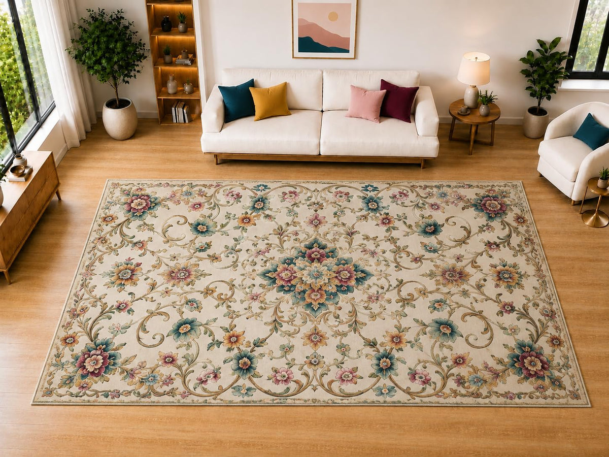 ICE ARMOR "Ultra Light Weight Large 6'7" x 9'10" Romantic Floral Vine Area Rug for Living Room, Bedroom, Dining Room, Soft Low Pile Non-Slip Backing, Teal Rose Burgundy