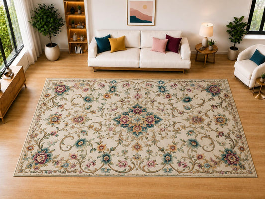 ICE ARMOR "Ultra Light Weight Large 6'7" x 9'10" Romantic Floral Vine Area Rug for Living Room, Bedroom, Dining Room, Soft Low Pile Non-Slip Backing, Teal Rose Burgundy