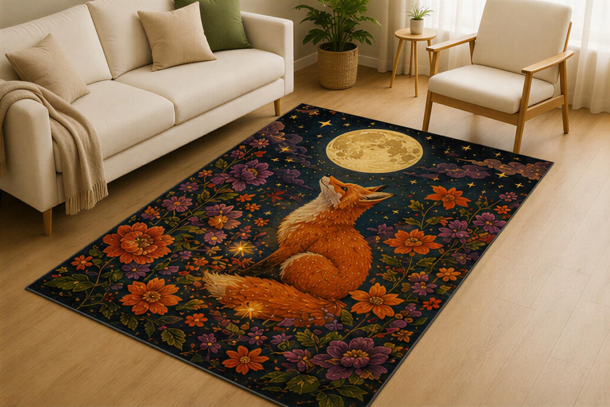 ICE ARMOR 5' x 7' Moonlit Fox Floral Area Rug for Living Room, Soft Low Pile Indoor Rug with Non-Slip Silicone Backing, Woodland Nature Carpet for Bedroom, Office, Family Room, Navy Orange
