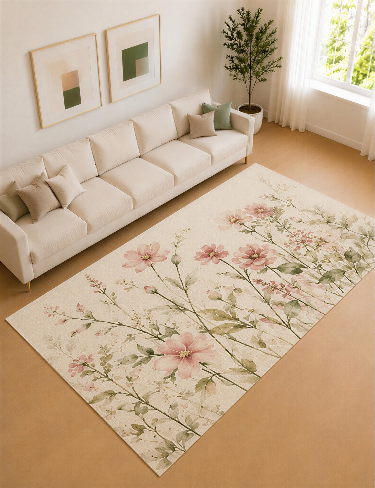ICE ARMOR Large 6'7" x 9'10" Blush Pink and Sage Flower Meadow Area Rug for Living Room, Soft Low Pile Carpet with Non-Slip Silicone Backing, Decor for Bedroom and Home Office