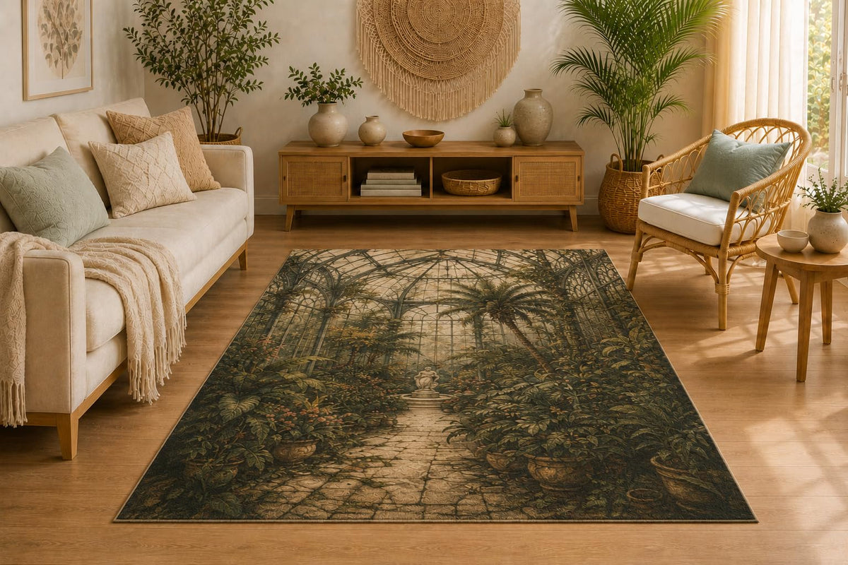ICE ARMOR 5' x 7' Victorian Glasshouse Garden Area Rug for Living Room, Soft Low Pile Indoor Rug with Non-Slip Silicone Backing, Decorative Carpet for Bedroom, Office, Green