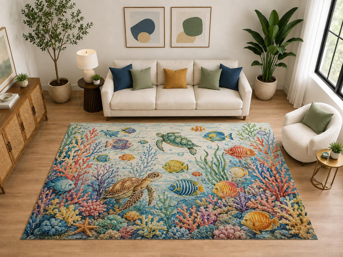 ICE ARMOR "Ultra Light Weight Large 6'7" x 9'10" Turtle Fish Reef for Kids Room, Soft Low Pile Indoor Rug and Non-Slip Silicone Backing, Light Blue