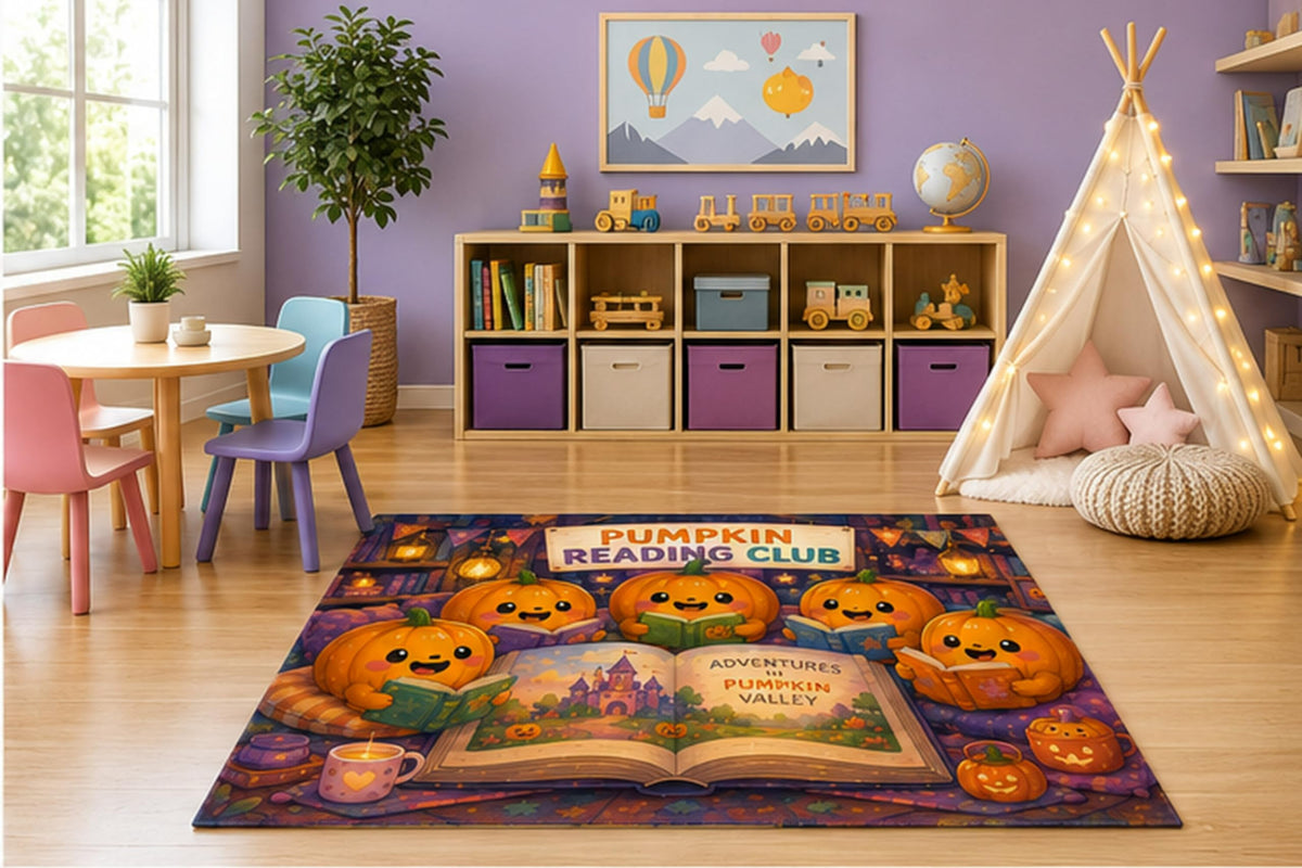 ICE ARMOR 5' x 7' Pumpkin Reading Club Kids Area Rug, Cute Smiling Pumpkins Books Cozy Halloween Cartoon Playroom Nursery Bedroom Reading Corner Decor, Non-Slip Silicone Backing Low Pile