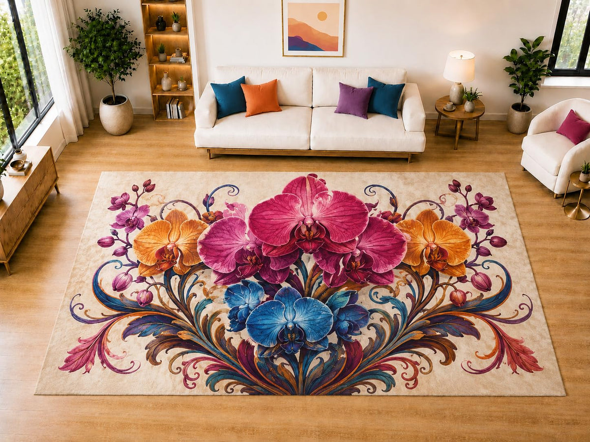 ICE ARMOR "Ultra Light Weight Large 6'7" x 9'10" Orchid Bouquet Area Rug for Living Room Bedroom Dining Room, Soft Low Pile Non-Slip Backing, Pink Orange Blue Cream Botanical Decor