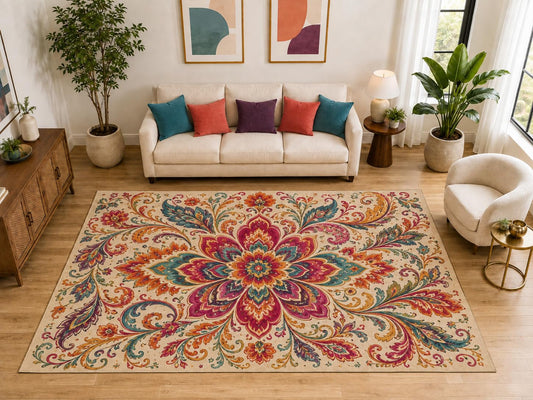 ICE ARMOR "Ultra Light Weight Large 6'7" x 9'10" Boho Floral Scroll Rug, Soft Low Pile Indoor Rug, Non-Slip Silicone Backing for Dining Room Beige