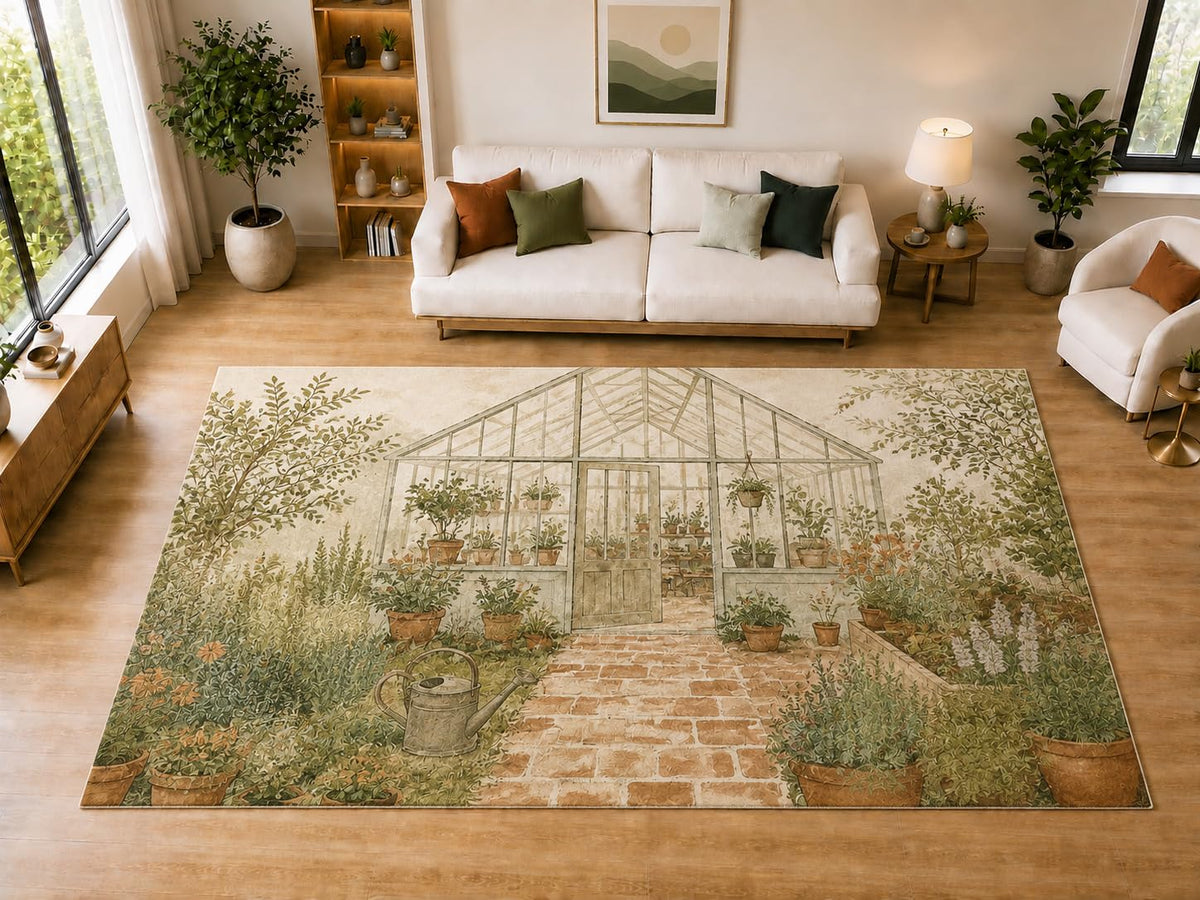 ICE ARMOR "Ultra Light Weight Large 6'7" x 9'10" Garden Greenhouse Area Rug for Dining, Living Room, Bedroom, Soft Low Pile Indoor Rug with Non-Slip Silicone Backing, Green Beige